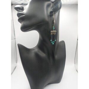 Boho 3.5" Dangle Earrings With Turquoise Beads 70s vintage