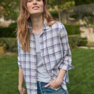 Frank and Eileen Plaid Linen Long Sleeve Shirt White Sky Blue Oversized