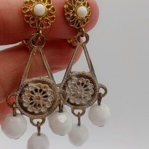 Vintage  DANGLING White CHANDELIER EARRINGS Clip On Estate