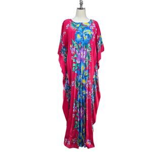 Royal Creations Pleated Floral Caftan Hawaiian Printed Pink