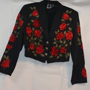 VALENCIA BLACK EMBROIDERED RHINESTONED JEAN JACKET SZ L