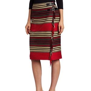 Jones New York bohemian vertical striped faux wrap skirt red black tan size 10