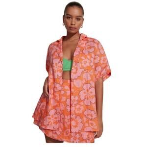 Anthropologie Faithfull The Brand Linen Top Floral Printed Orange Pink