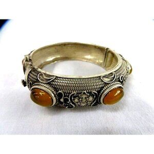 South Asian Silver and Bumblebee Amber stone Carved cuff hinged bracelet vintage