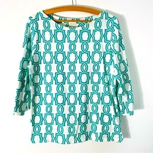 Chico’s Geometric Green & White Design 3/4 Sleeve Top Size M