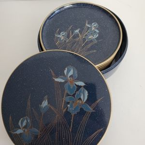 Otagiri Laquerware Coasters Blue Irises Set Of 6 In original Box Japan flower