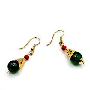 Spinach Jade Teardrop Hook earrings with Gold Filagree and Red Coral Bead 2 inch