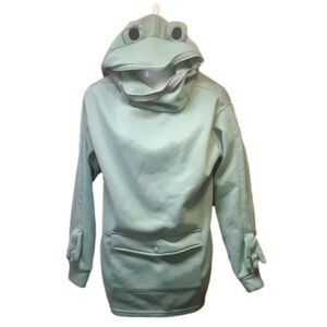 Kids size large green frog hoodie with snap button pouch