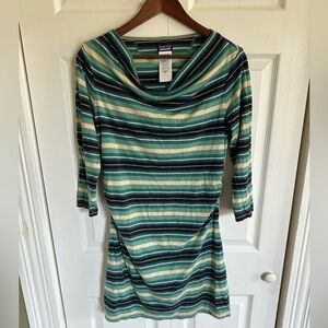 Patagonia Size Medium Kamala Cowl Neck Dress Blue Green Stripe Ruched Active