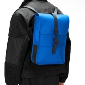 RAINS NWT Mini Backpack Blue #13020 Adjustable Black Straps Magnetic & Hook Flap