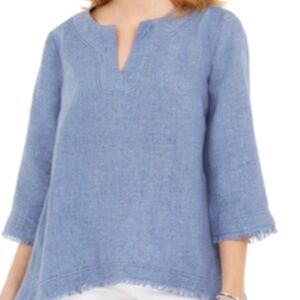 Charter Club Frayed Hem Linen Top, Blue, Petite Large