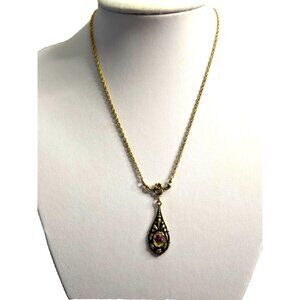 Antique embroidered Purple Violet Pendant Necklace Gold Tone 18"