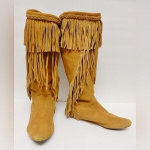 Sam Eldeman, Yellow Tassel Fringe Boots, Soft Camel Suede Leather Size 7…