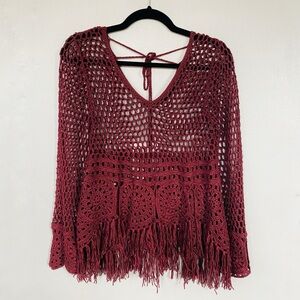 Blu Pepper Burgundy Crochet Knit Bell Sleeve Fringe Sweater Top Size S