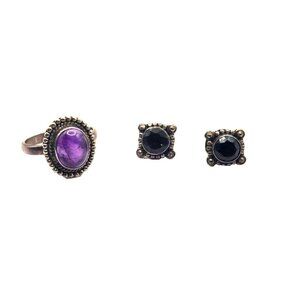 Vintage Sterling Silver and Amethyst Ring and Earring Jewelry Set