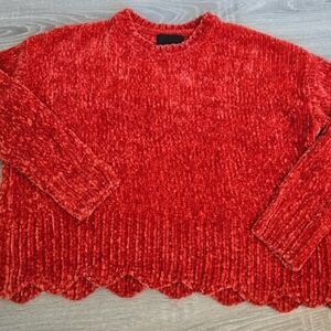 Cynthia Rowley Red Chenille Crop sweater scalloped bottom sz xs