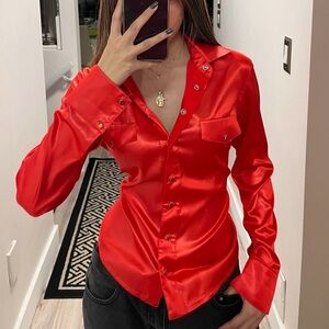 Satin Red Button Up Blouse