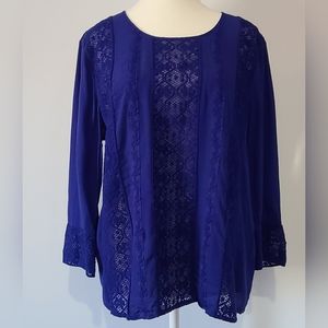 Meadow Rue Anthropologie royal blue Salina Lace 3/4 sleeves blouse, size L