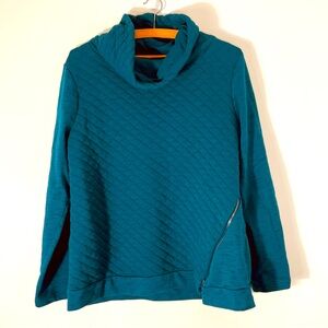 Chico’s Quilted Style Pull Over Cowl Neck Turquoise Sweater w Side Zip Size L