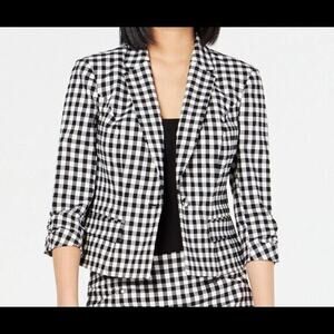 INC Women's Jacket Black White Gingham Blazer Ruched Sleeve M