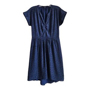 MADEWELL Size 4 Silk Fable Dress Leaves V Neck Short Sleeve Navy Blue Black Knee