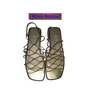 y2k Lord & Taylor Gold Metallic Stretchy Cord Square Toe Sandals 90's Retro Cage