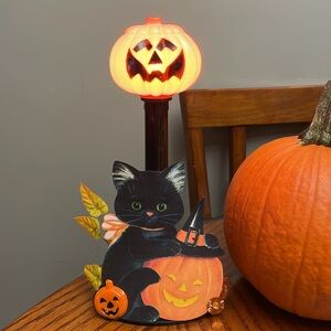 Vintage Custom 1980s Halloween 🎃 PUMPKIN Light Black Cat Handmade Decoration