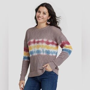 Knox Rose open knit crew neck sweater gray storm pink, white, yellow blue S