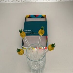 CRATE & BARREL Set of 4 Glass Pineapple Swizzle Sticks Cocktails Barware Tiki