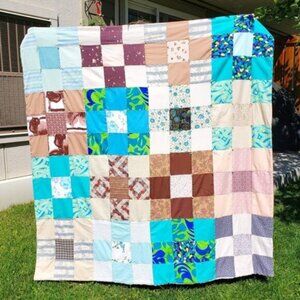 (💥3/$50) Vtg Nine Patch Quilt Square Lap Blanket Floral Fabric Patchwork