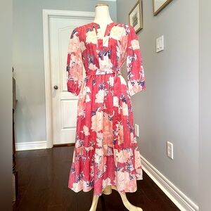 GAP Floral Print Three-Quarter Sleeve Tiered Midi Dress - Size S