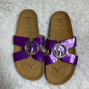 Babyphat patent purple slip on straps sandals bold silver tone logo accent SZ10