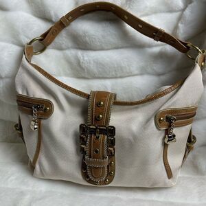 Kathy Van Zeeland beige cotton shoulder bag with tan faux leather strap & trims