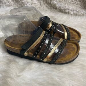 Naot leather Black and gold straps sandals with gold tone studs accents EUR SZ39