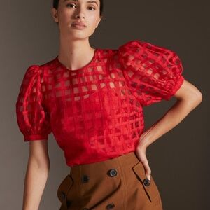 English Factory Windowpane Check Plaid Pattern Short Sleeve Blouse Top Red L