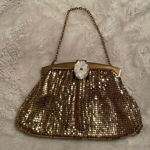 Whiting & Davis vintage gold mesh evening bag with mother of pearl clasp…