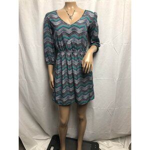 BeBop Dress Size Small Navy Blue Teal Green ZigZag V Neck Short Mini