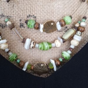 C.C.  Multi-Strand Necklace with Colorful Beads Green Brown Clear