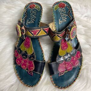 Corkys the Elite leather multi color& blue jeans wedge Sandals size 10