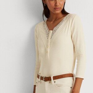 RALPH LAUREN Beige Lace Henley Embroidered Long Sleeve V Neck Top Size Large NWT