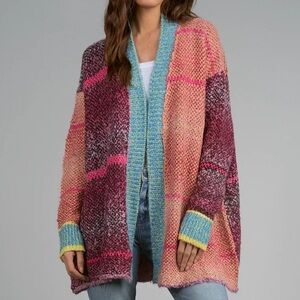 DEX Patchwork Cardigan Oversized XL Open Front Vibrant Knit Exposed Seam