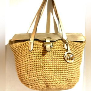 Michael Kors tan straw with gold metallic leather shoulder handbag