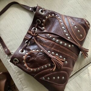 VINTAGE ALDO ‘BOHO MEETS BIKER STUDDING’ STYLE GENUINE LEATHER SHOULDER BAG