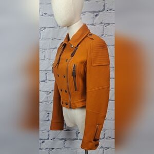 NWT Burberry Womens Jacket Cropped Moto Orange Zip Cuff Wool Cashmere 950$ 2 US