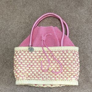 The Sak Wicker Basket Drawstring Handbag Tote Purse Bright Pink‎ Tan  NWOT