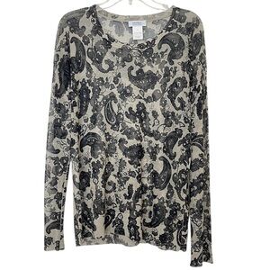 Sonia by Sonia Rykiel Sheer Top Large Black Gold Paisley Floral Elegant Pullover