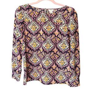 J Crew Womens Long Sleeve Chiffon Blouse Size XS Multicolor Paisley Round Neck