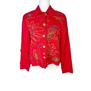 Coldwater Creek Embroidered Jacket Size SMALL Floral Coral Red Button Boho