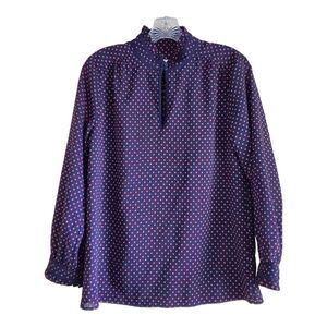 J CREW Women 6 Blouse Top Navy Chiffon Blue & Pink Polka Dots Front Keyhole 38"