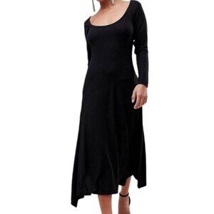 ASOS Black Maxi Dress Womens 6 Asymmetrical Tiered Ribbed Long Sleeve Scoop Neck